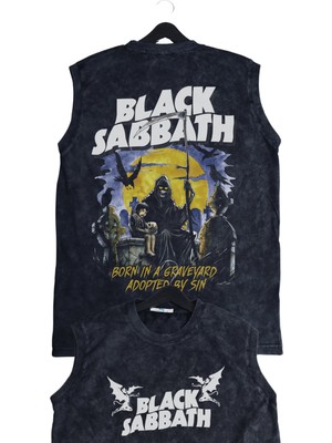 Rock Band Black Sabbath Born In Sırt Baskılı Yıkamalı Kolsuz Vintage Tişört