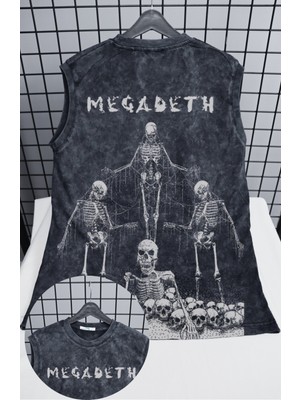 Megadeth Skeleton Sırt Baskılı Yıkamalı Kolsuz Tişört, Unisex Rock Band Retro Sıfır Kollu Atlet