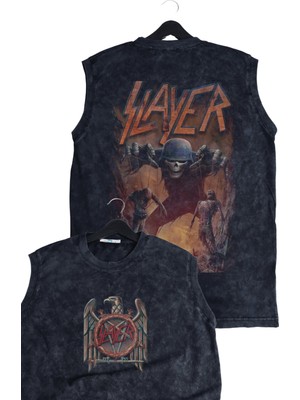 Unisex Rock Band Slayer Sırt Baskılı Yıkamalı Kolsuz Vintage Tişört