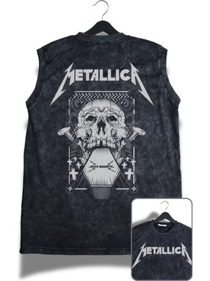 Metallica Death Magnetic Sırt Baskı Yıkamalı Kolsuz Tişört, Unisex Rock Band Temalı Sıfır Kol Atlet