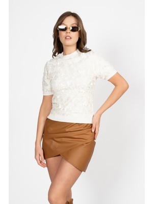 Rtd&vld Kadın VITA-181 Flow  Simli Çiçekli Kısa Kollu Triko Bluz Ekru