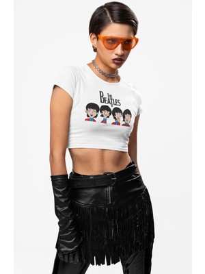 The Beatles Baskılı Crop Top, Kadın Rock Band Temalı Crop Bluz