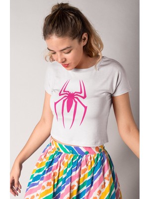 Pembe Örümcek Logo Baskılı Crop Top, Kadın Spider Evreni Temalı Crop Bluz