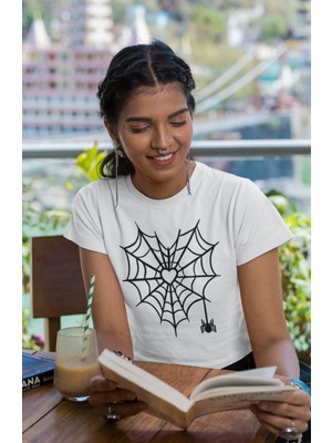 Kalp Örümcek Baskılı Crop Top, Kadın Spider Temalı Crop Bluz