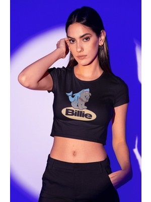 Shark Billie Yazılı Crop Top, Kadın Billie Eilish Temalı Crop Bluz