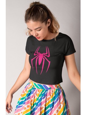 Pembe Örümcek Logo Baskılı Crop Top, Kadın Spider Evreni Temalı Crop Bluz