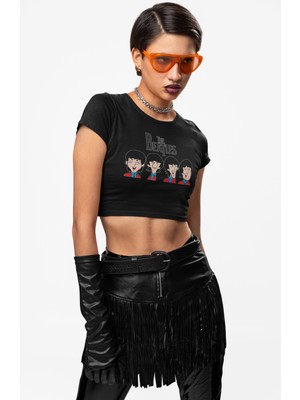 The Beatles Baskılı Crop Top, Kadın Rock Band Temalı Crop Bluz