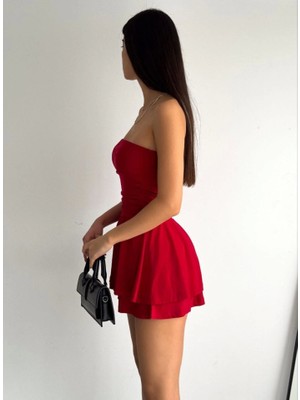 Edolika Straplez Sandy Kumaş Şortlu Prenses Etek Mini Kloş Elbise - Kırmızı