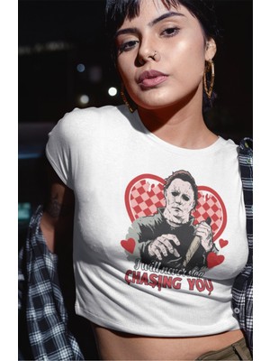 I Will Never Stop Chasing You Yazılı Crop Top, Kadın Korku Film Halloween Temalı Crop Bluz