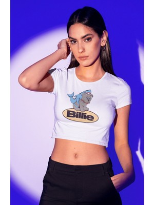 Shark Billie Yazılı Crop Top, Kadın Billie Eilish Temalı Crop Bluz