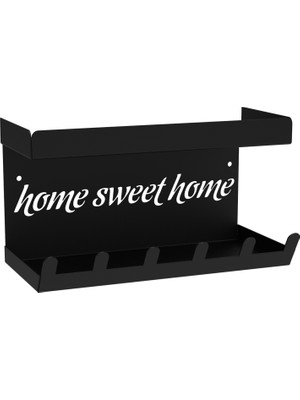 Decorelax HOME SWEET HOME Duvara Monte Raflı ve 6 Kancalı Anahtarlık Askılık - Siyah
