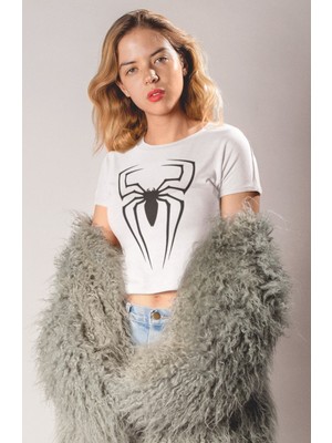 Örümcek Baskılı Crop Top, Kadın Spider Temalı Crop Bluz