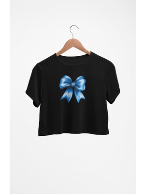 Mavi Kurdele Baskılı Crop Top, Kadın Blue Ribbon Baskılı Crop Bluz
