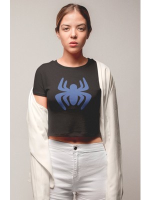 Sevimli Mavi Örümcek Baskılı Crop Top, Kadın Spider Temalı Crop Bluz