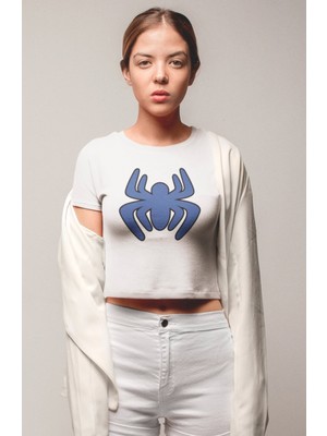 Sevimli Mavi Örümcek Baskılı Crop Top, Kadın Spider Temalı Crop Bluz