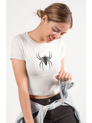 Minimal Örümcek Baskılı Crop Top, Kadın Spider Temalı Crop Bluz