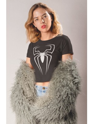 Örümcek Baskılı Crop Top, Kadın Spider Temalı Crop Bluz