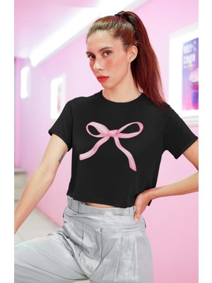 Pink Kurdele Baskılı Crop Top, Kadın Ribbon Baskılı Crop Bluz