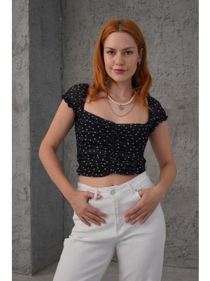 Edolika Puantiyeli Belden Oturtmalı Tül Siyah Bluz
