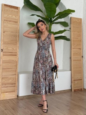 Edolika Kadın Beli Gipeli Etnik Desen Sıfır Kol Süprem Elbise