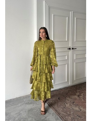 Edolika Yağ Yeşili Valonlu Şeritli Kat Kat Elbise