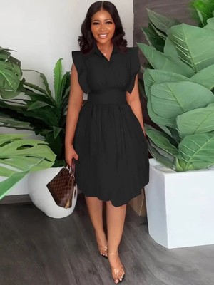 Edolika Kadın Yakalı Belden Oturmalı Önden Büzgülü Dokuma Mini Elbise