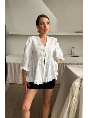 Edolika Keten Bluz Önden Bağlamalı Fırfır Detaylı - Beyaz