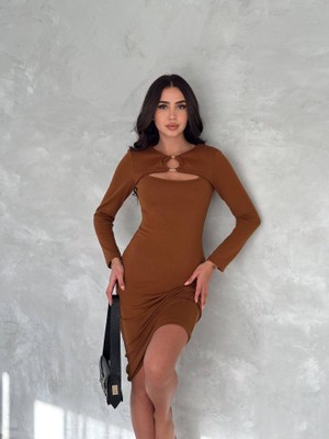 Edolika Kadın Uzun Kollu Halka ve Pencere Dekolte Detay Fırsat Ürün Midi Boy Elbise