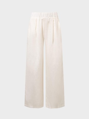 Beli Lastikli Keten Pantolon - Beyaz