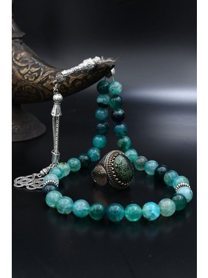 Doğal Damarlı Akik Taşlı Tesbih ve 925 Ayar Gümüş Yüzük Özel Tasarım Hz. Süleyman Mührü 901966