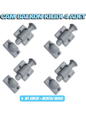 Aluwand Cam Balkon Kilidi 4 Adet Gri Renkli Gold ve Fırtına Sistem Uyumlu Dayanıklı Kilit Seti