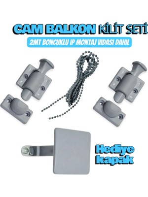 Aluwand Gri Renk Cam Balkon Kilidi 2'li Set 2 Metre Boncuklu İp ve Hediye Çıkış Kapağı ile Estetik ve Fonksiyonel