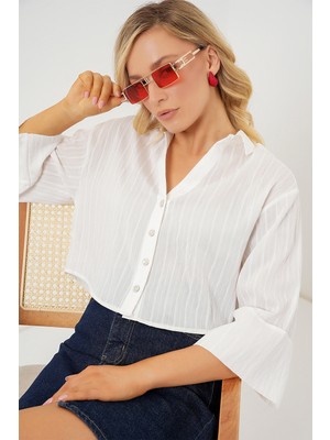 Kadın Çizgili Oversize Kısa Gömlek 20326 - Beyaz