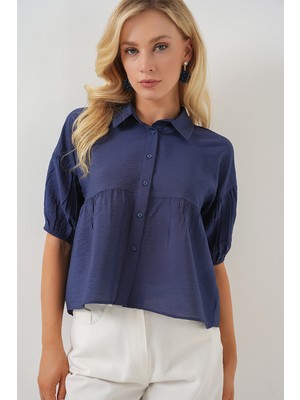 Kadın Kısa Kol Crop Gömlek 20335 - Indigo