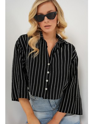 Kadın Çizgili Oversize Kısa Gömlek 20326 - Siyah