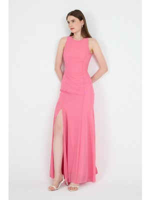 Pembe Yandan Yırtmaçlı Tül Uzun Elbise 251657