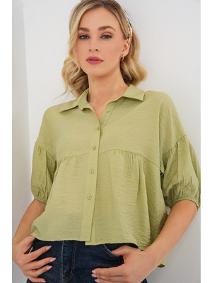 Kadın Kısa Kol Crop Gömlek 20335 - E.yeşil