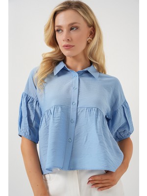Kadın Kısa Kol Crop Gömlek 20335 - Mavi
