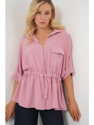 Fermuarlı Kadın Gömlek 0721 - Pudra