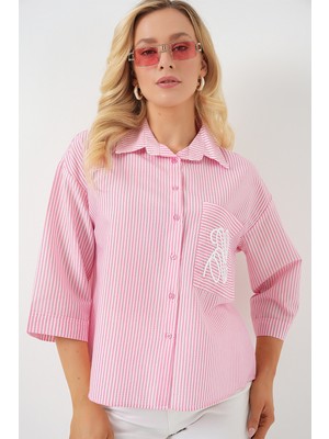 Kadın Tek Cep Nakışlı Gömlek 20328 - Pembe