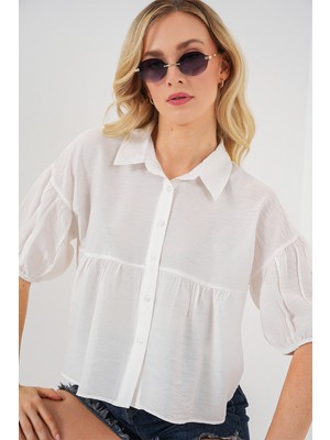 Kadın Kısa Kol Crop Gömlek 20335 - Beyaz