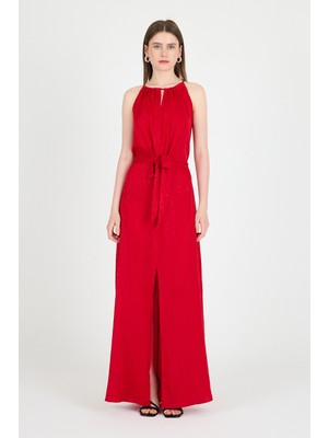 Kırmızı Yırtmaçlı Bağlama Detaylı Desenli Uzun Elbise 251656