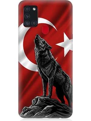 Samsung Galaxy A21S Uyumlu Bayrak Önünde Uluyan Kurt  Desenli Silikon Kılıf