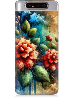 Samsung Galaxy A80 Uyumlu Kırmızı Çiçek ve Tomurcuklar  Desenli Silikon Kılıf