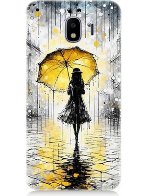 Samsung Galaxy J4 Duo Uyumlu Yağmurda Sarı Şemsiye Altında  Desenli Silikon Kılıf