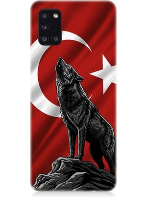 Samsung Galaxy A31 Uyumlu Bayrak Önünde Uluyan Kurt  Desenli Silikon Kılıf