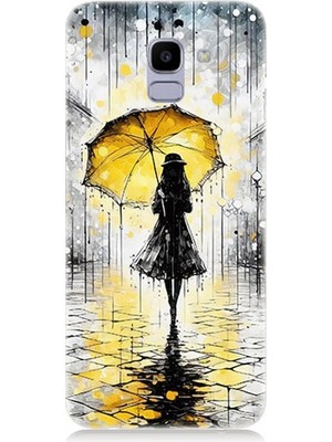 Samsung Galaxy J6 Uyumlu Yağmurda Sarı Şemsiye Altında  Desenli Silikon Kılıf