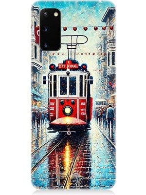 Samsung Galaxy S20 Plus Uyumlu Yağmurlu Sokakta Kırmızı Tramvay  Desenli Silikon Kılıf