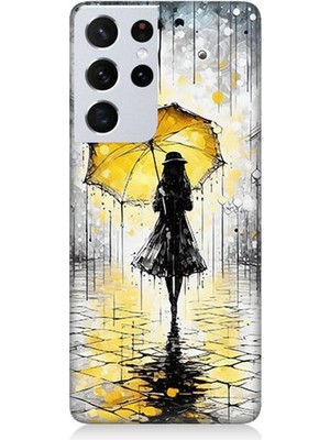 Samsung Galaxy S21 Ultra Uyumlu Yağmurda Sarı Şemsiye Altında  Desenli Silikon Kılıf