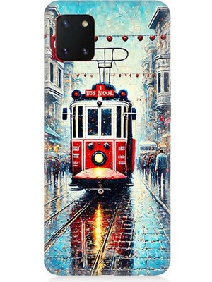 Samsung Galaxy Note 10 Lite Uyumlu Yağmurlu Sokakta Kırmızı Tramvay  Desenli Silikon Kılıf